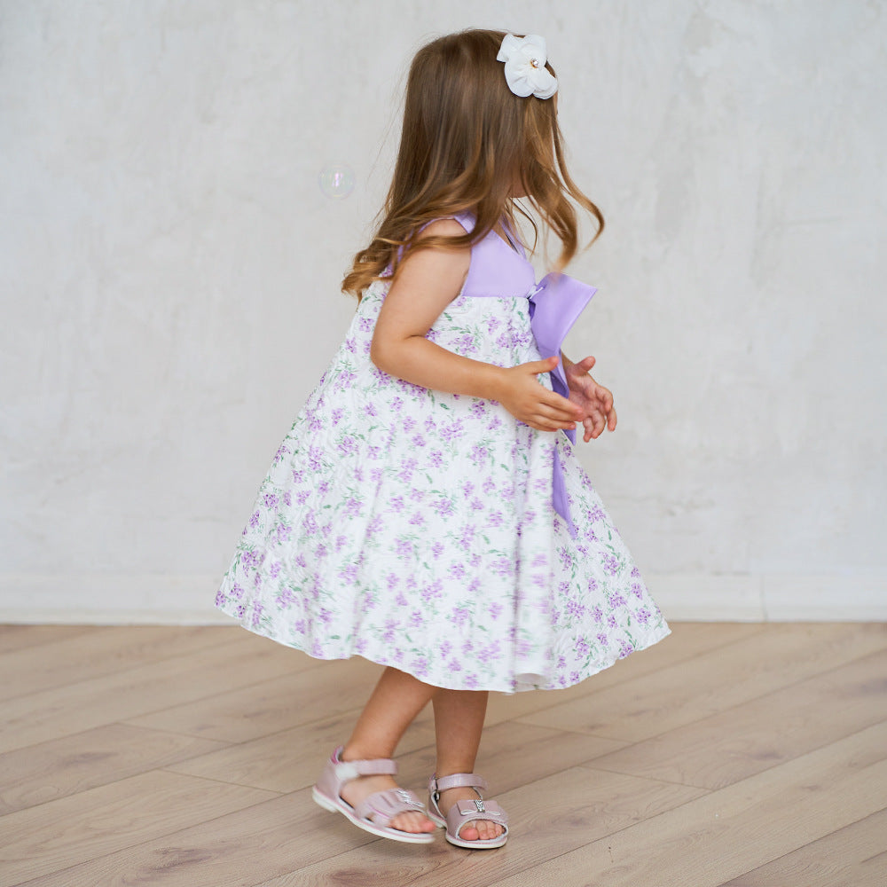 Lavender A-line Baby Dress with Bowknot and Floral Print, Tea Length Party Dress for 9-24 Months