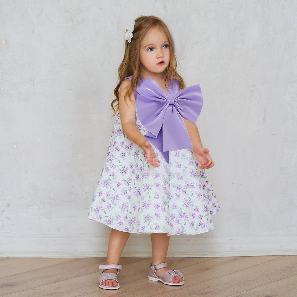 Lavender A-line Baby Dress with Bowknot and Floral Print, Tea Length Party Dress for 9-24 Months
