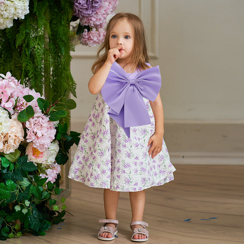 Lavender A-line Baby Dress with Bowknot and Floral Print, Tea Length Party Dress for 9-24 Months