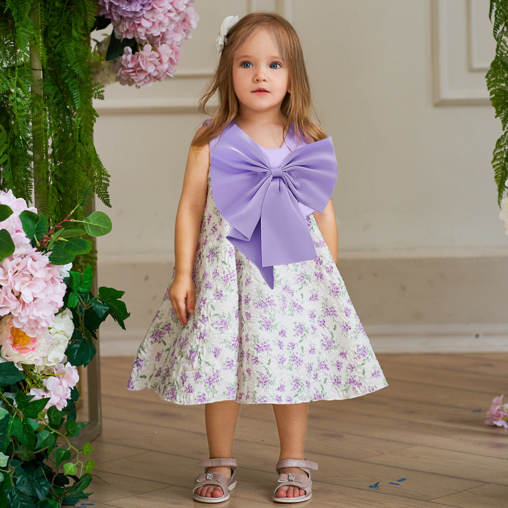 Lavender A-line Baby Dress with Bowknot and Floral Print, Tea Length Party Dress for 9-24 Months