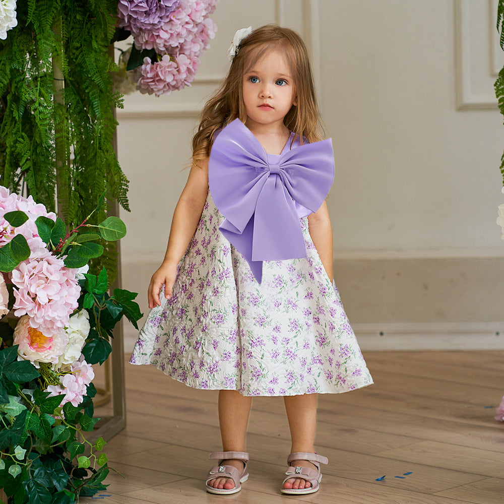 Lavender A-line Baby Dress with Bowknot and Floral Print, Tea Length Party Dress for 9-24 Months