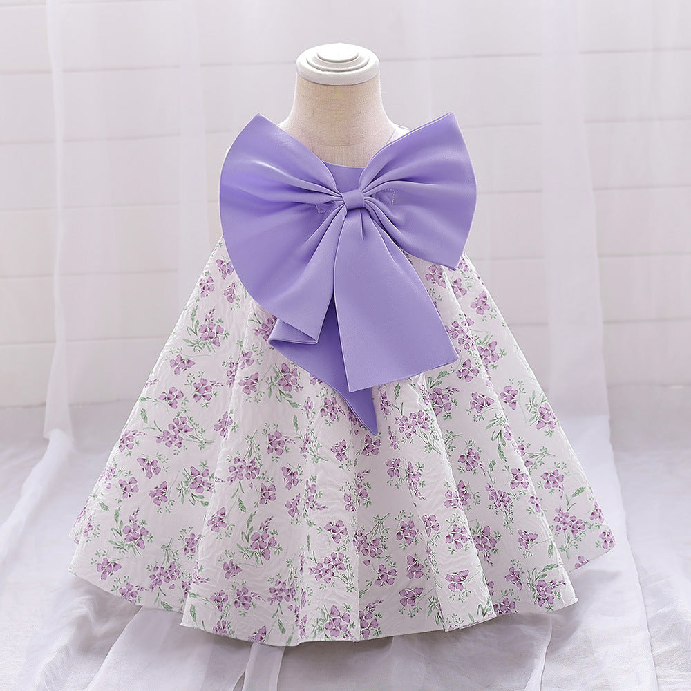 Lavender A-line Baby Dress with Bowknot and Floral Print, Tea Length Party Dress for 9-24 Months