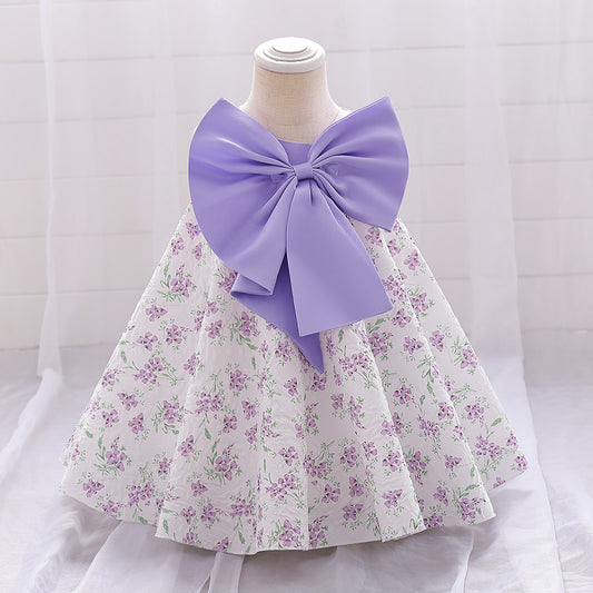 Frocklet Lavender A-line Baby Dress with Bowknot and Floral Print, Tea Length Party Dress for 9-24 Months 1