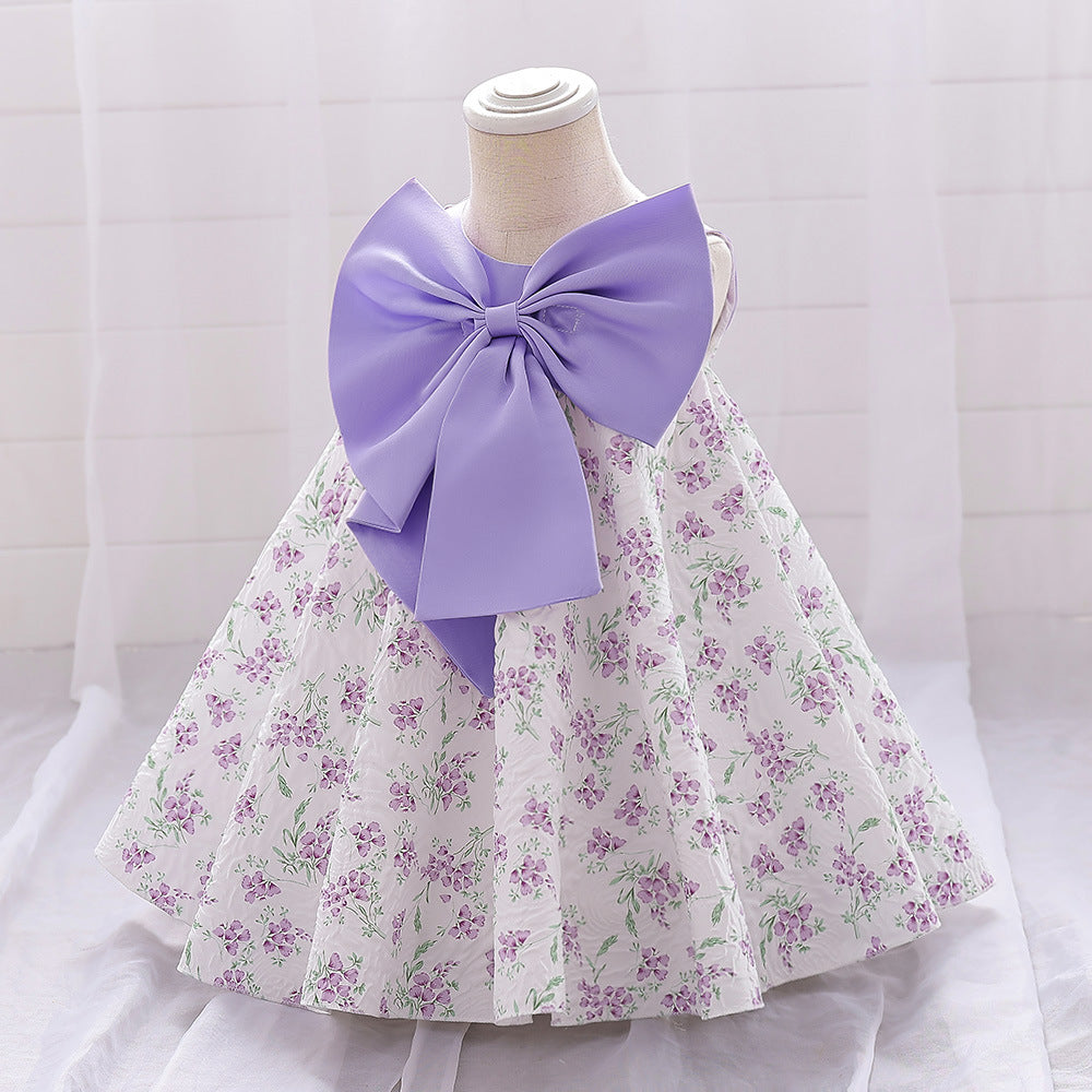Lavender A-line Baby Dress with Bowknot and Floral Print, Tea Length Party Dress for 9-24 Months