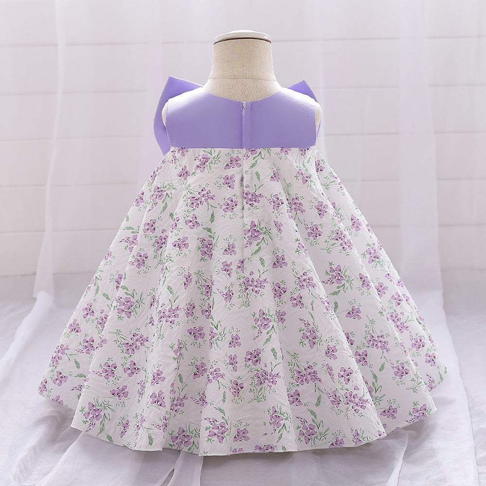 Lavender A-line Baby Dress with Bowknot and Floral Print, Tea Length Party Dress for 9-24 Months