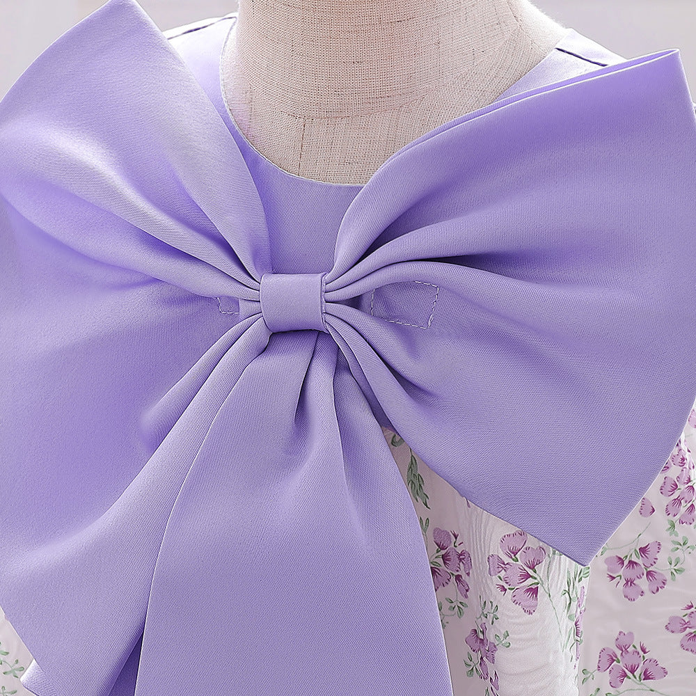 Lavender A-line Baby Dress with Bowknot and Floral Print, Tea Length Party Dress for 9-24 Months