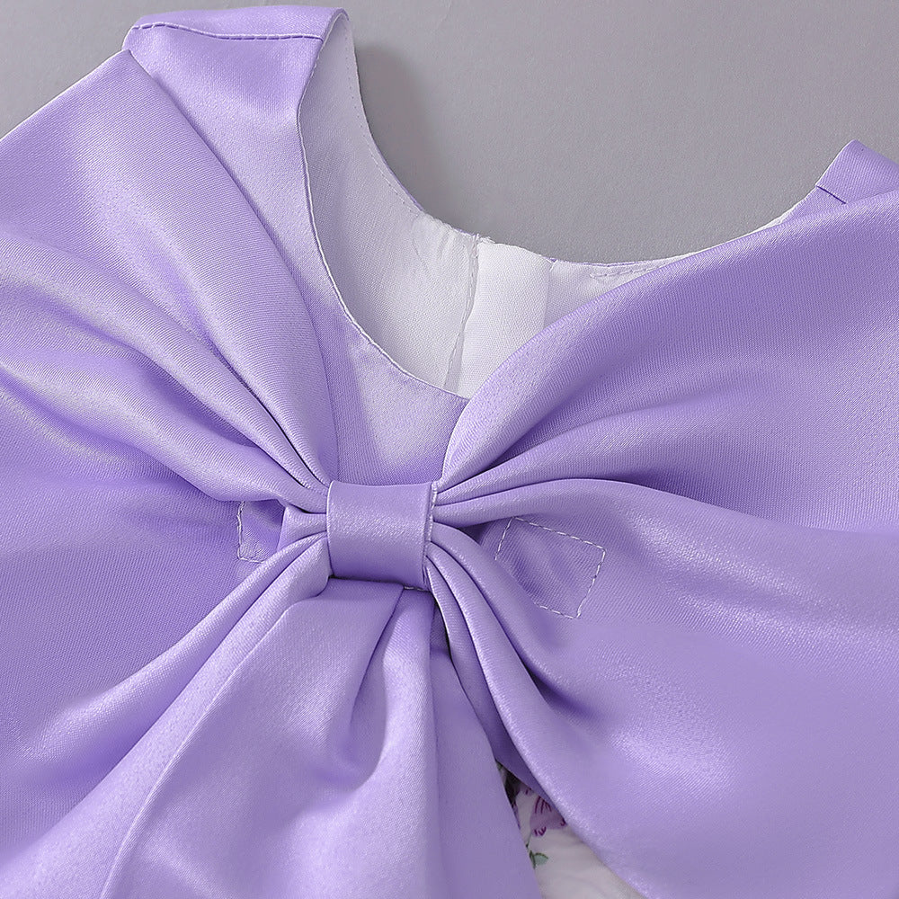 Lavender A-line Baby Dress with Bowknot and Floral Print, Tea Length Party Dress for 9-24 Months