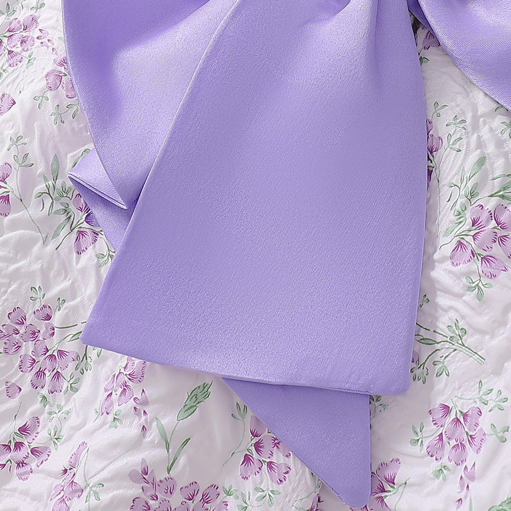 Lavender A-line Baby Dress with Bowknot and Floral Print, Tea Length Party Dress for 9-24 Months