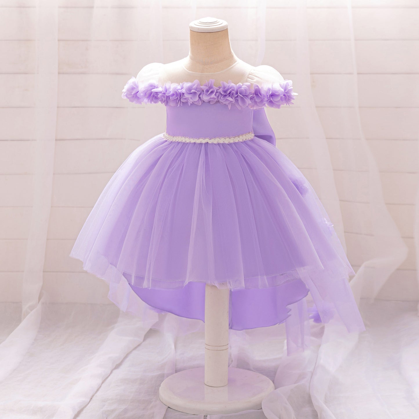Lavender Puffy Tulle Ball Gown Dress for Girls with Floral Appliqué and Bowknot