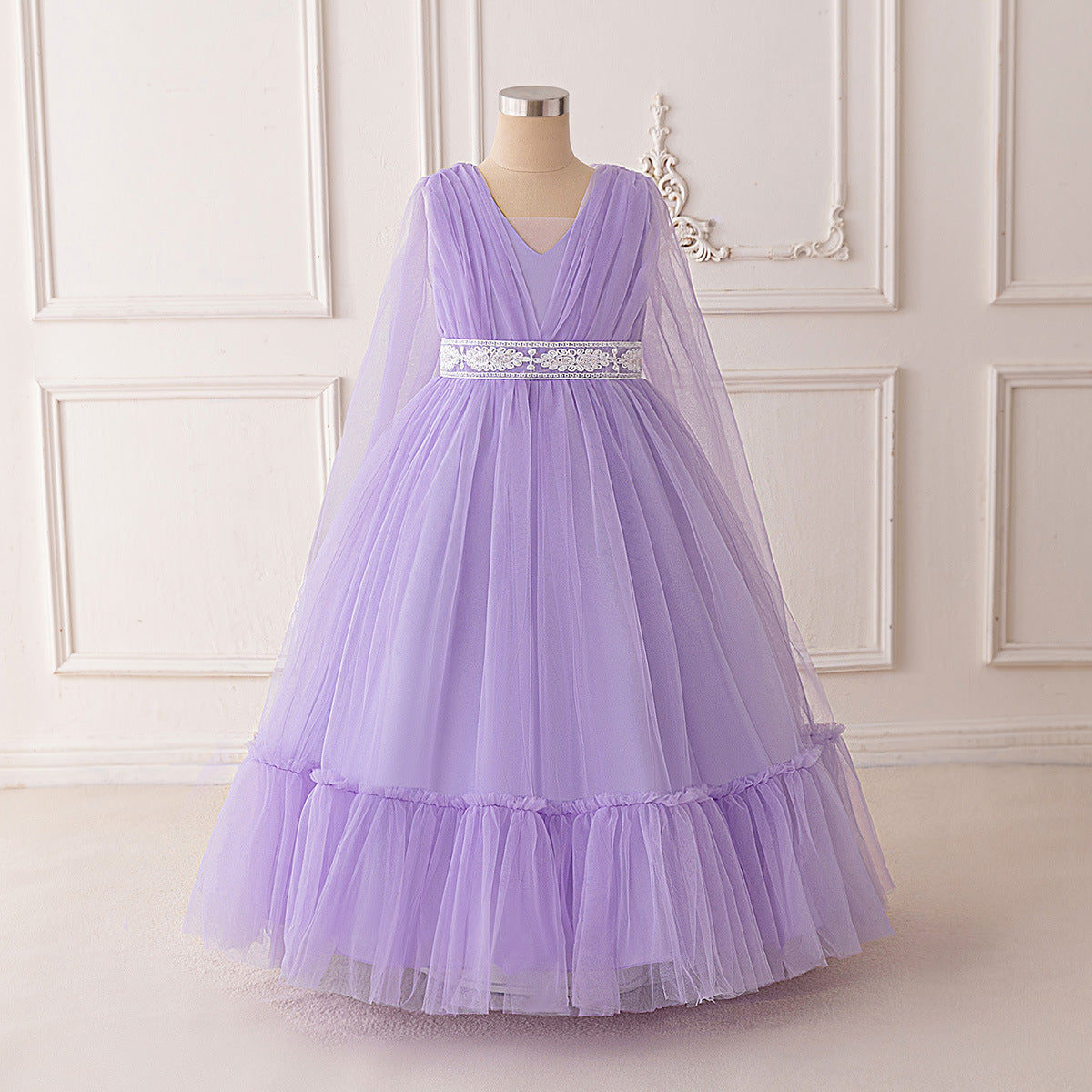 Lavender Tulle A-Line Princess Maxi Dress with Lace for Girls