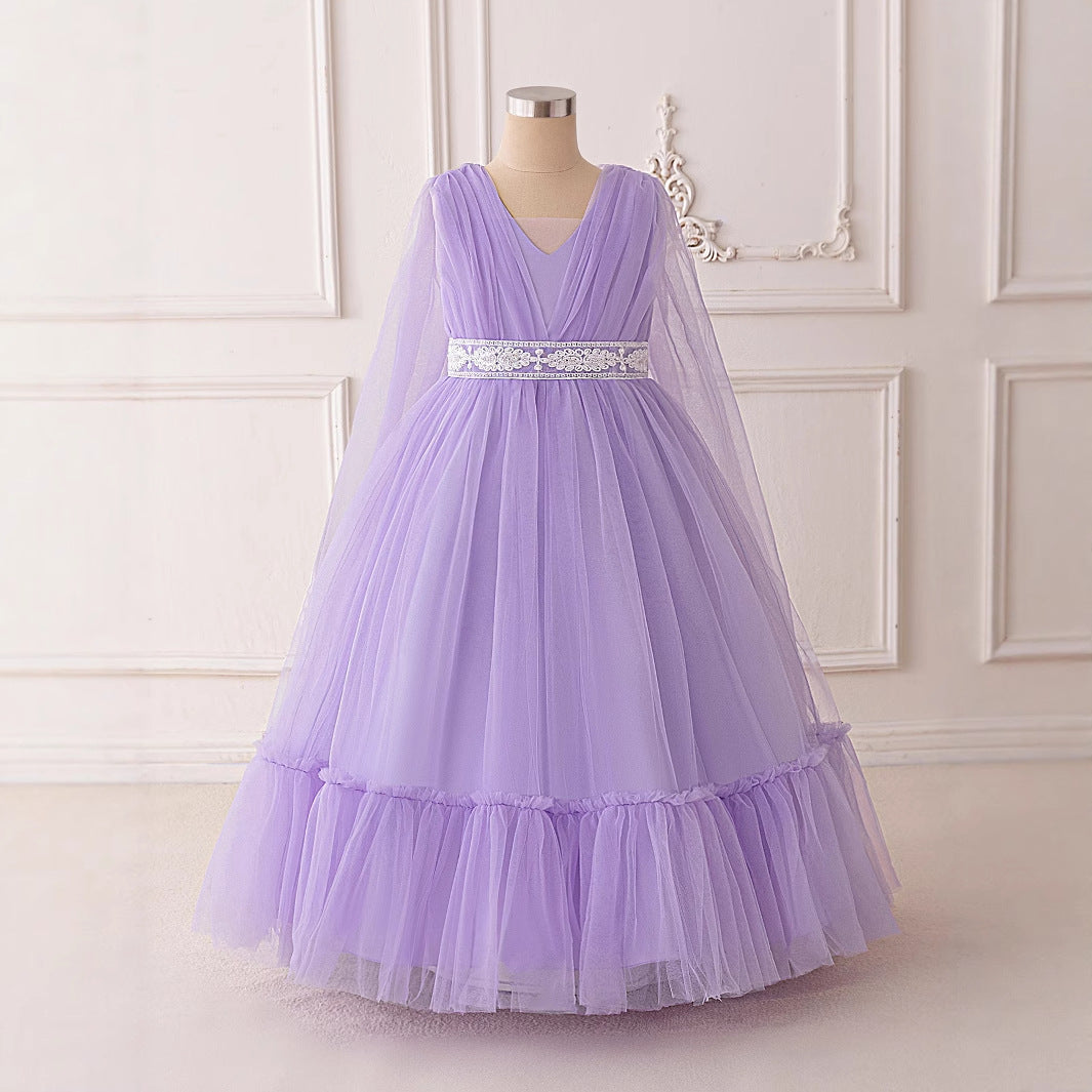 Lavender Tulle A-Line Princess Maxi Dress with Lace for Girls
