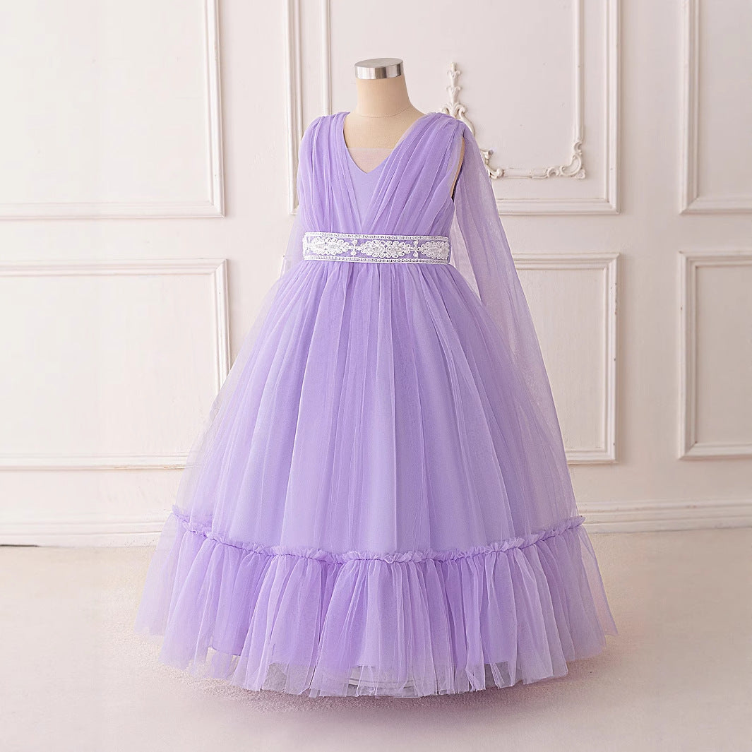 Lavender Tulle A-Line Princess Maxi Dress with Lace for Girls