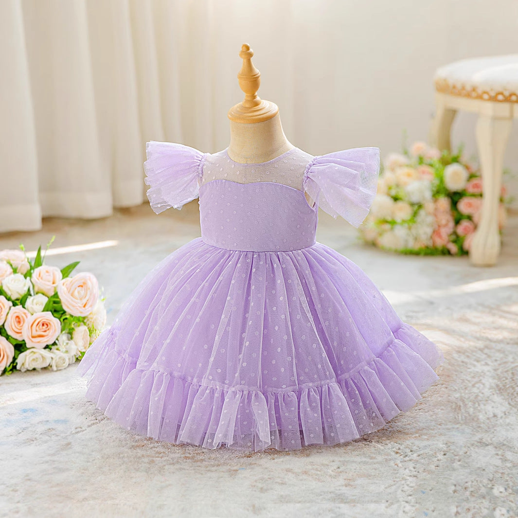 Lavender Polka Dot Princess Dress for Girls – Knee-Length Tulle Party Outfit