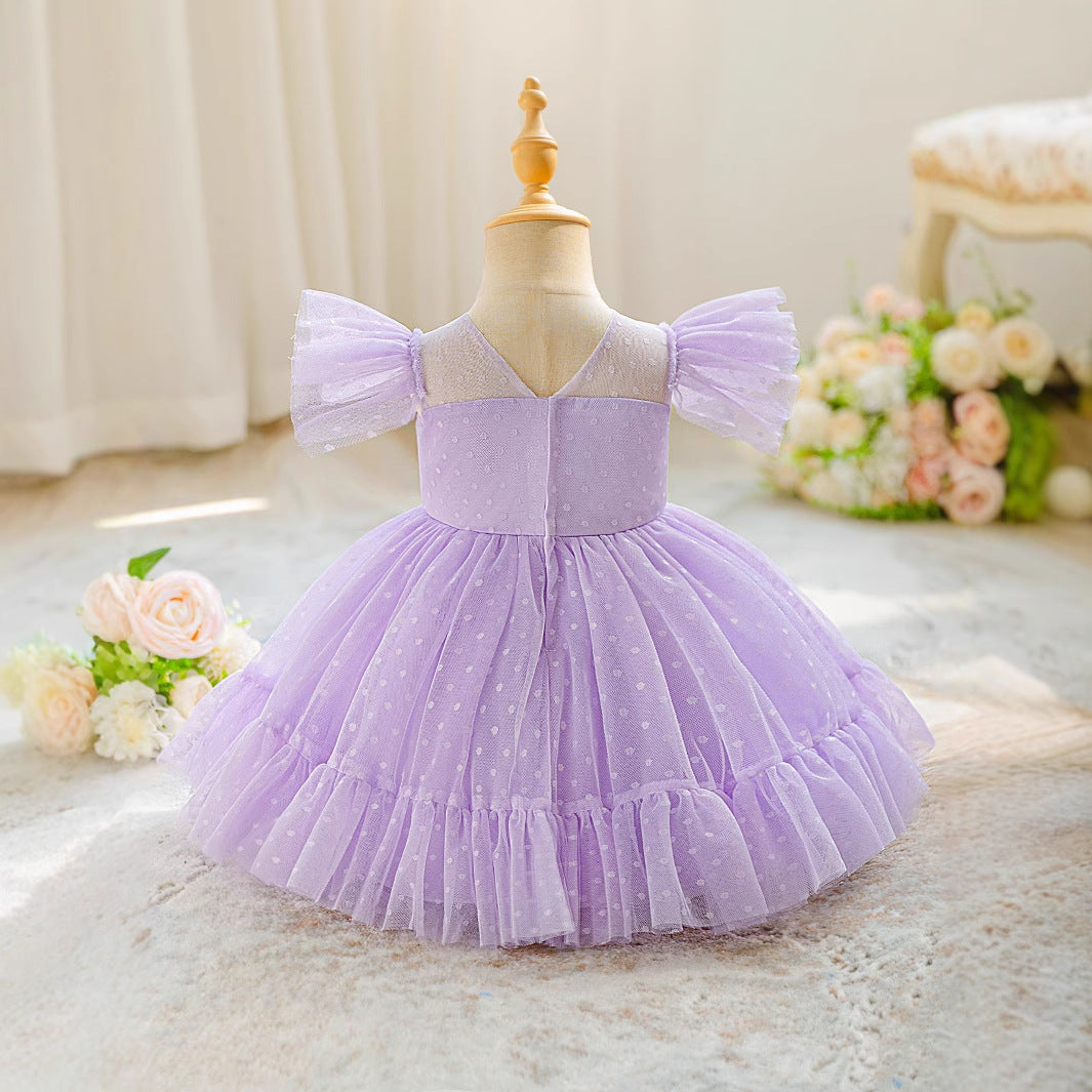 Lavender Polka Dot Princess Dress for Girls – Knee-Length Tulle Party Outfit