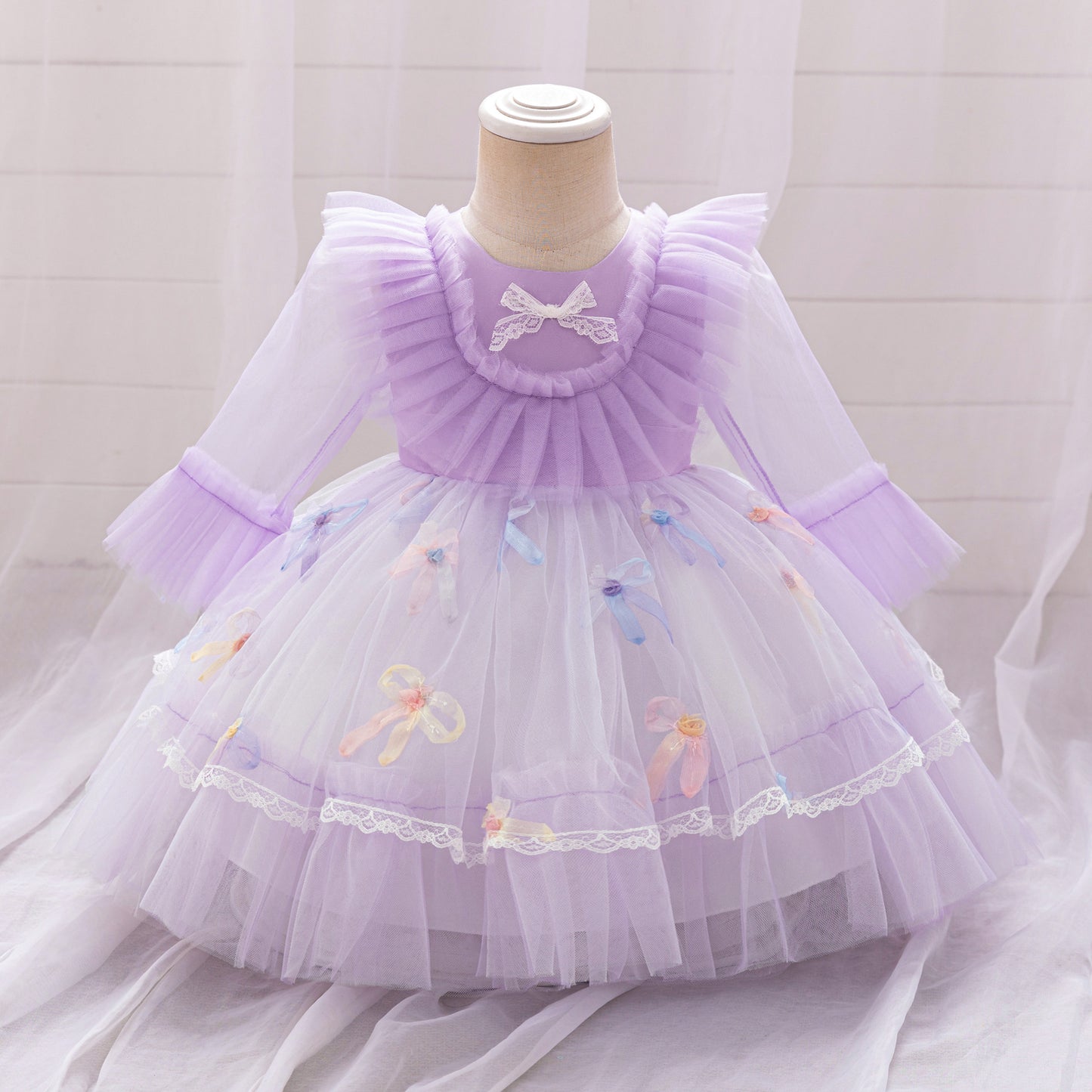 Lavender Tulle Princess Dress for Girls - Bowknot & Lace Party Gown