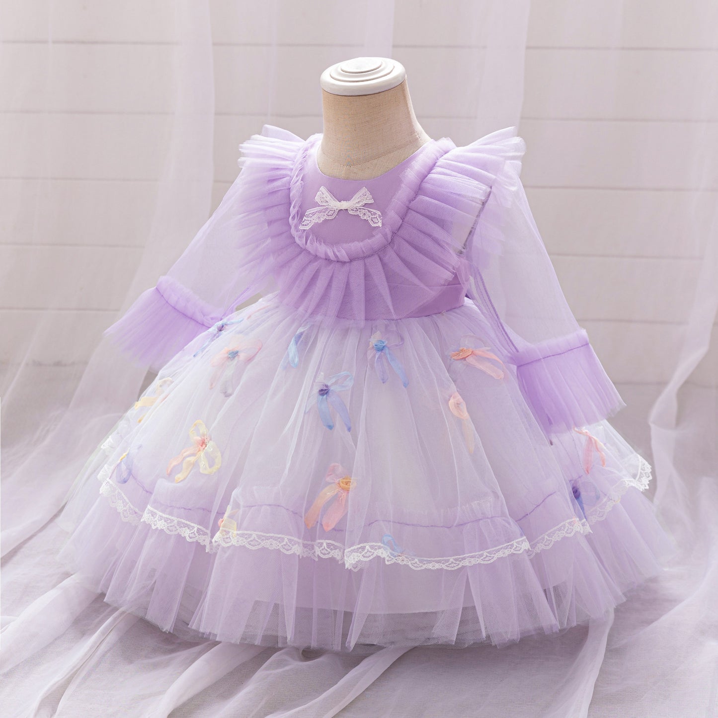 Lavender Tulle Princess Dress for Girls - Bowknot & Lace Party Gown