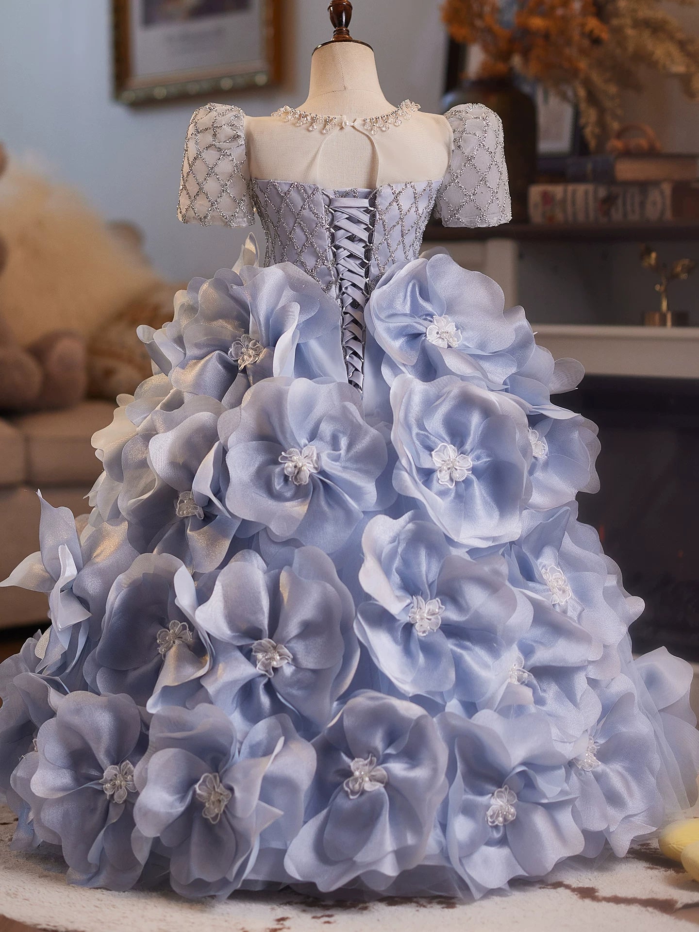 Light Blue A-Line Mesh Princess Dress for Girls – Maxi Sequin & Floral Party Gown