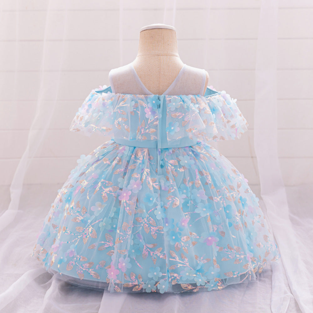 Light Blue Puffy Off-Shoulder Flower Girl Dress for Parties & Weddings