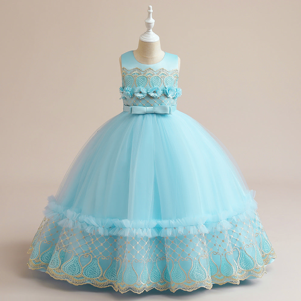 Light Blue Embroidered Maxi Tulle Dress for Girls – Flower Girl & Party Gown