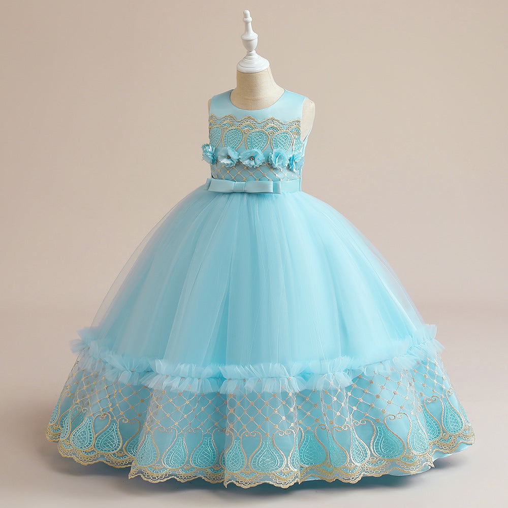 Light Blue Embroidered Maxi Tulle Dress for Girls – Flower Girl & Party Gown