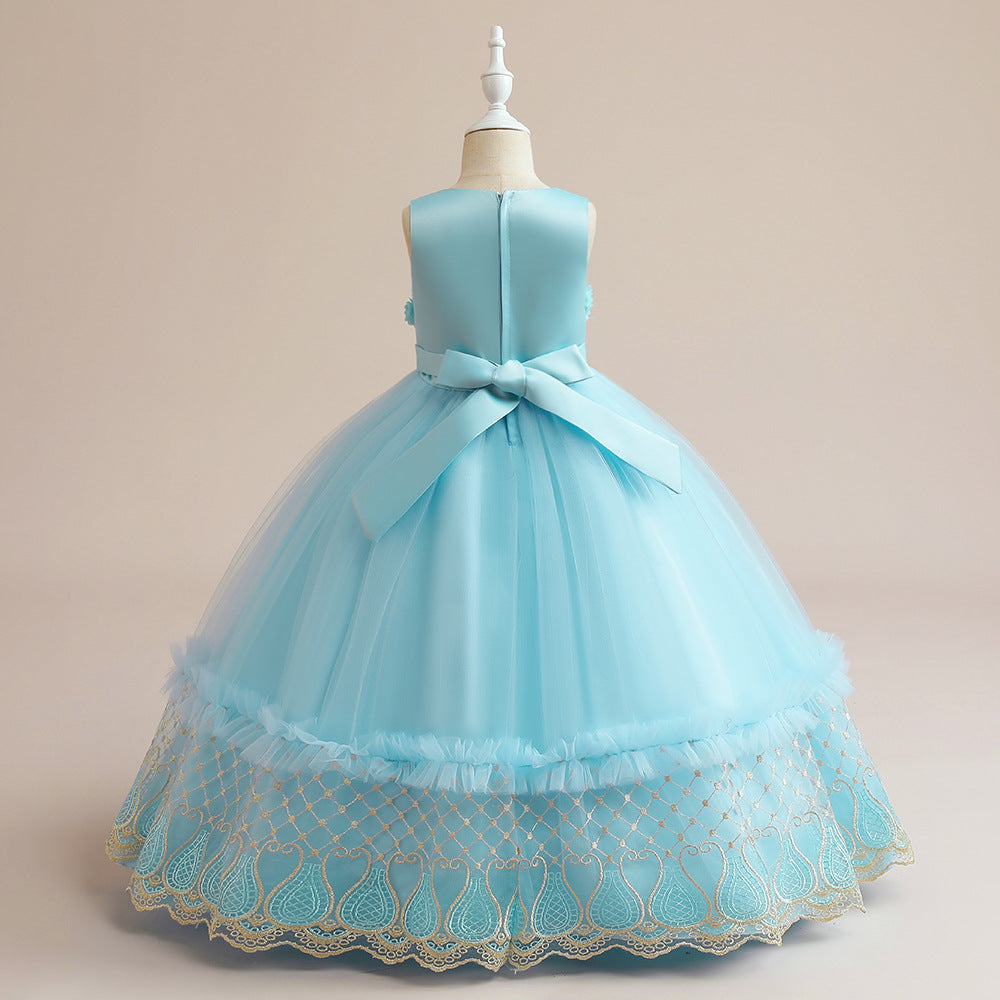 Light Blue Embroidered Maxi Tulle Dress for Girls – Flower Girl & Party Gown