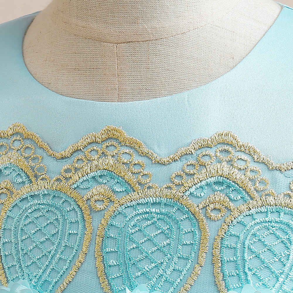 Light Blue Embroidered Maxi Tulle Dress for Girls – Flower Girl & Party Gown