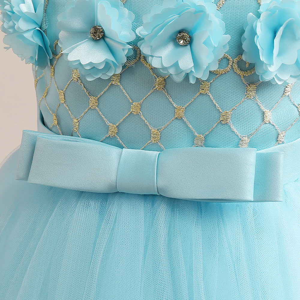 Light Blue Embroidered Maxi Tulle Dress for Girls – Flower Girl & Party Gown