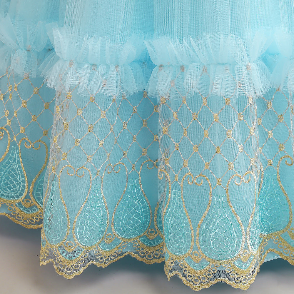 Light Blue Embroidered Maxi Tulle Dress for Girls – Flower Girl & Party Gown
