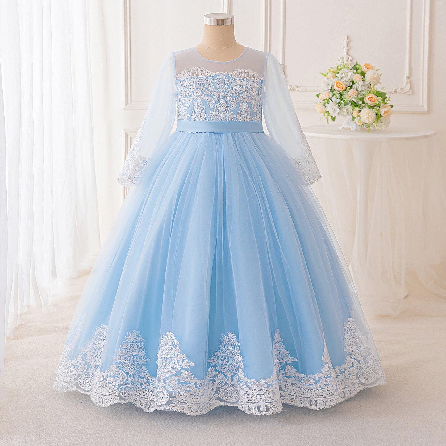Frocklet Light Blue Lace Princess Flower Girl Maxi Dress | Girls’ Long Sleeve Tulle Gown 1
