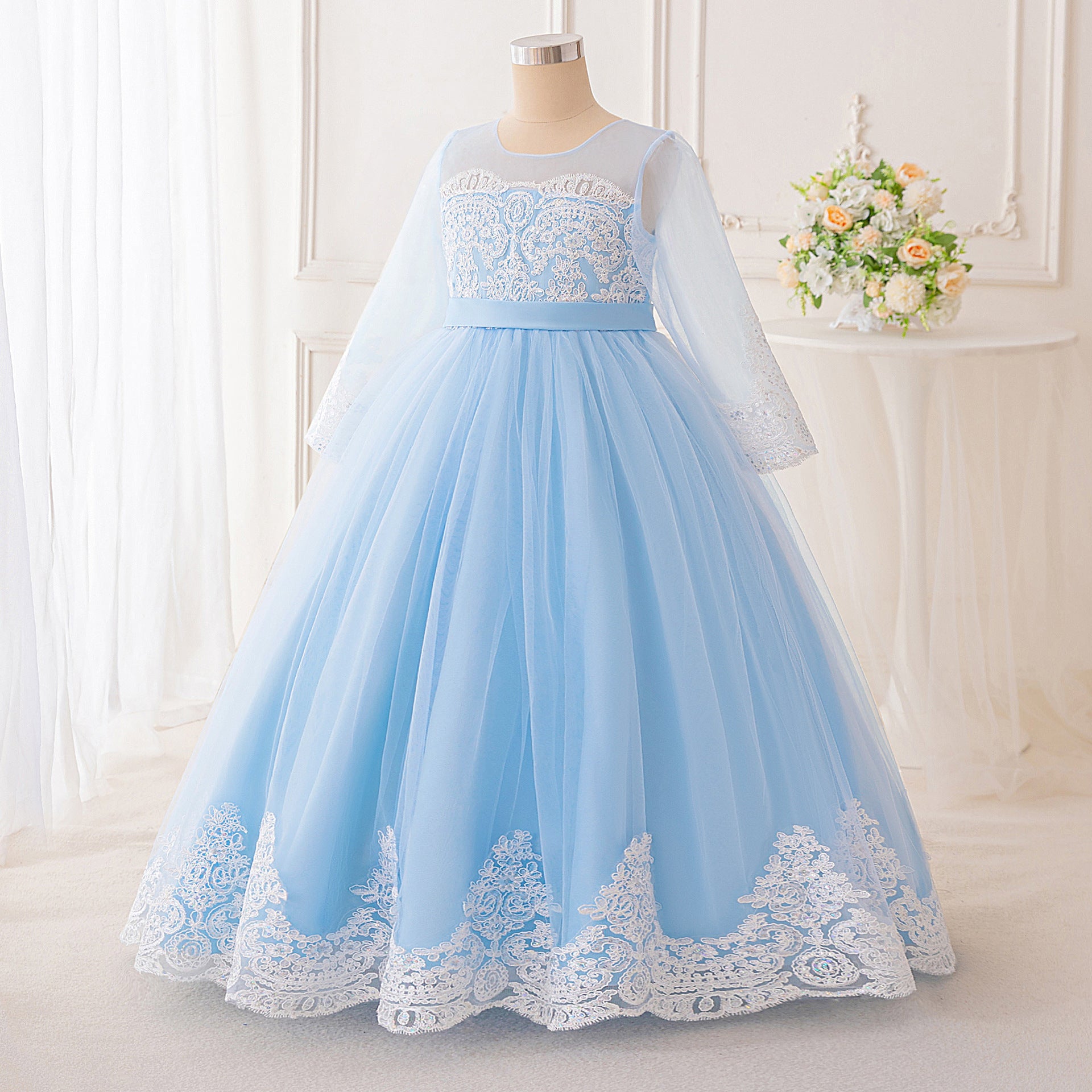 Frocklet Light Blue Lace Princess Flower Girl Maxi Dress | Girls’ Long Sleeve Tulle Gown 2