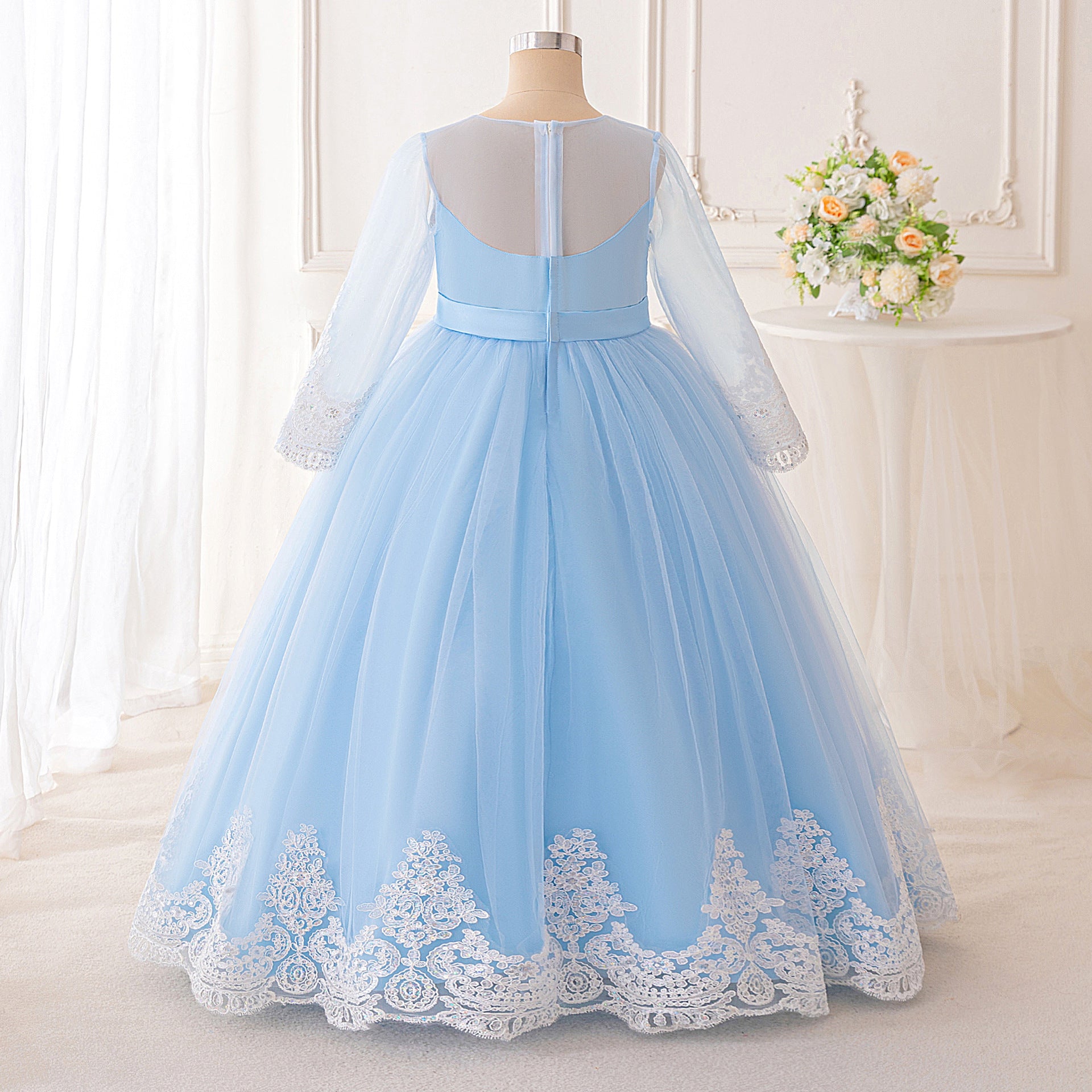 Frocklet Light Blue Lace Princess Flower Girl Maxi Dress | Girls’ Long Sleeve Tulle Gown 3