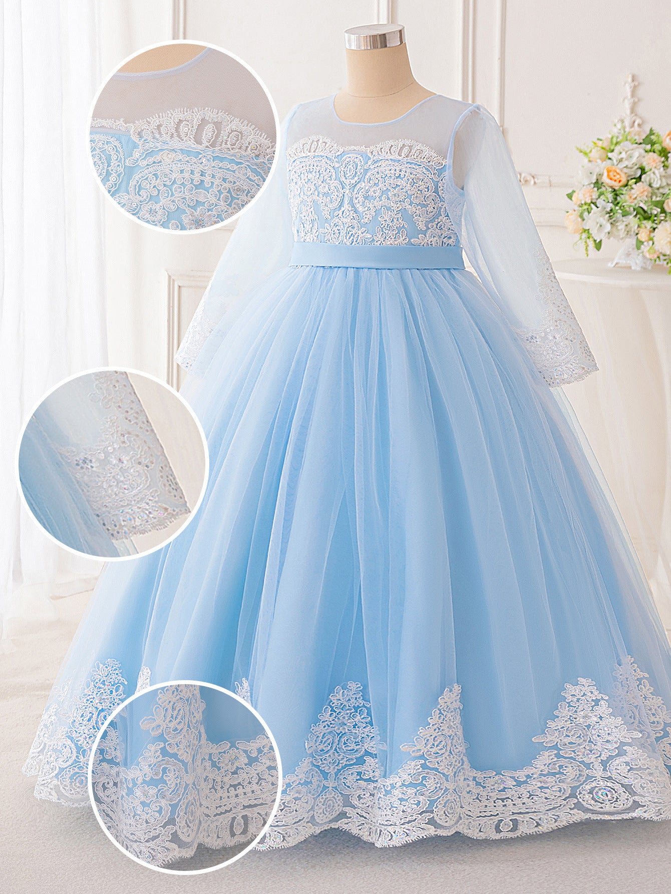 Frocklet Light Blue Lace Princess Flower Girl Maxi Dress | Girls’ Long Sleeve Tulle Gown 4
