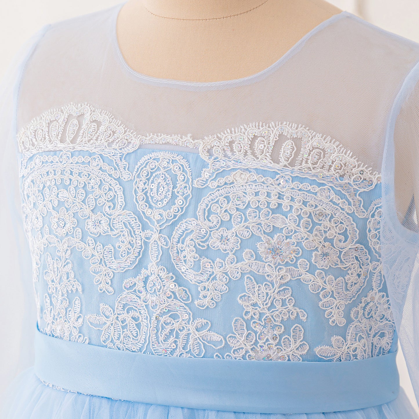 Frocklet Light Blue Lace Princess Flower Girl Maxi Dress | Girls’ Long Sleeve Tulle Gown 6