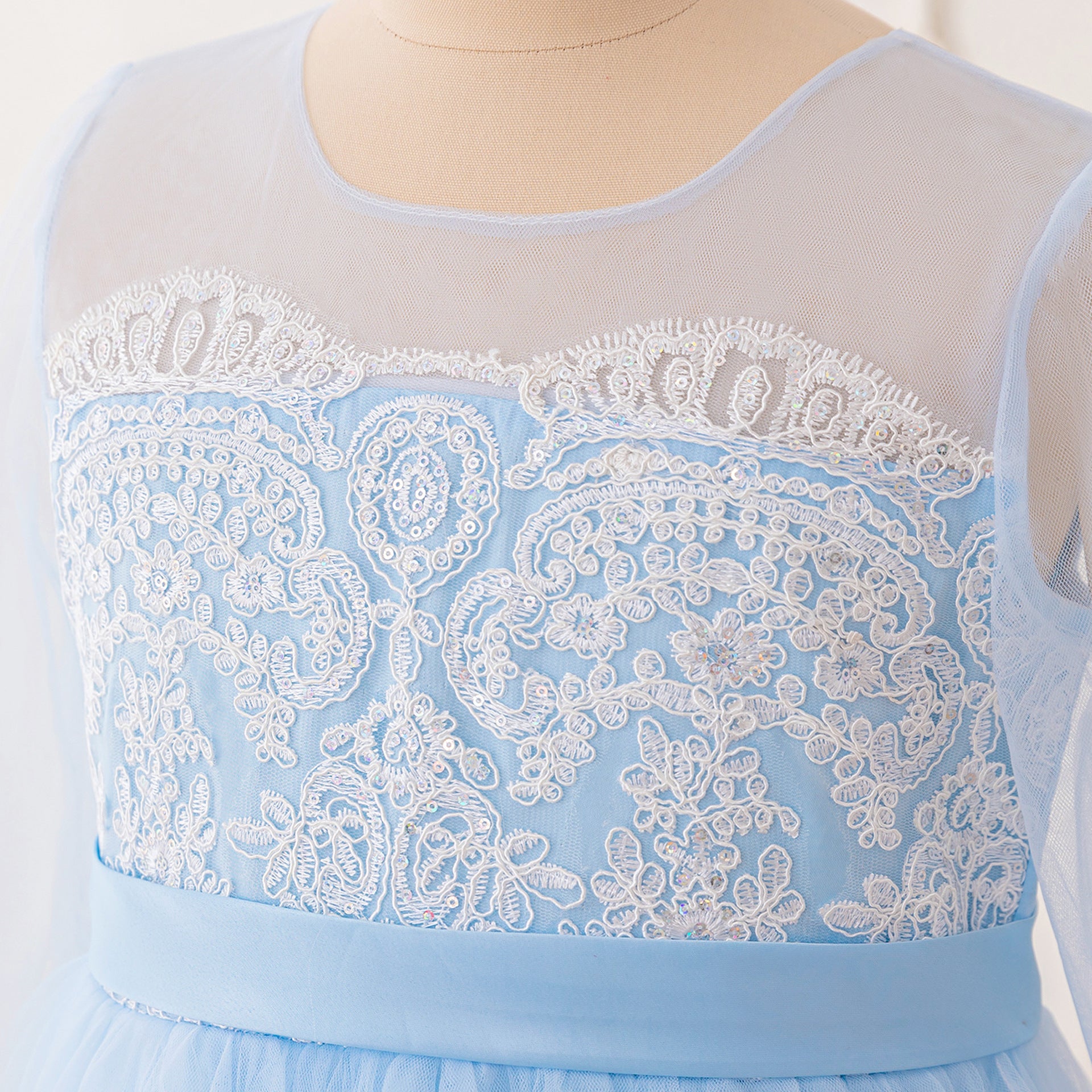 Frocklet Light Blue Lace Princess Flower Girl Maxi Dress | Girls’ Long Sleeve Tulle Gown 6