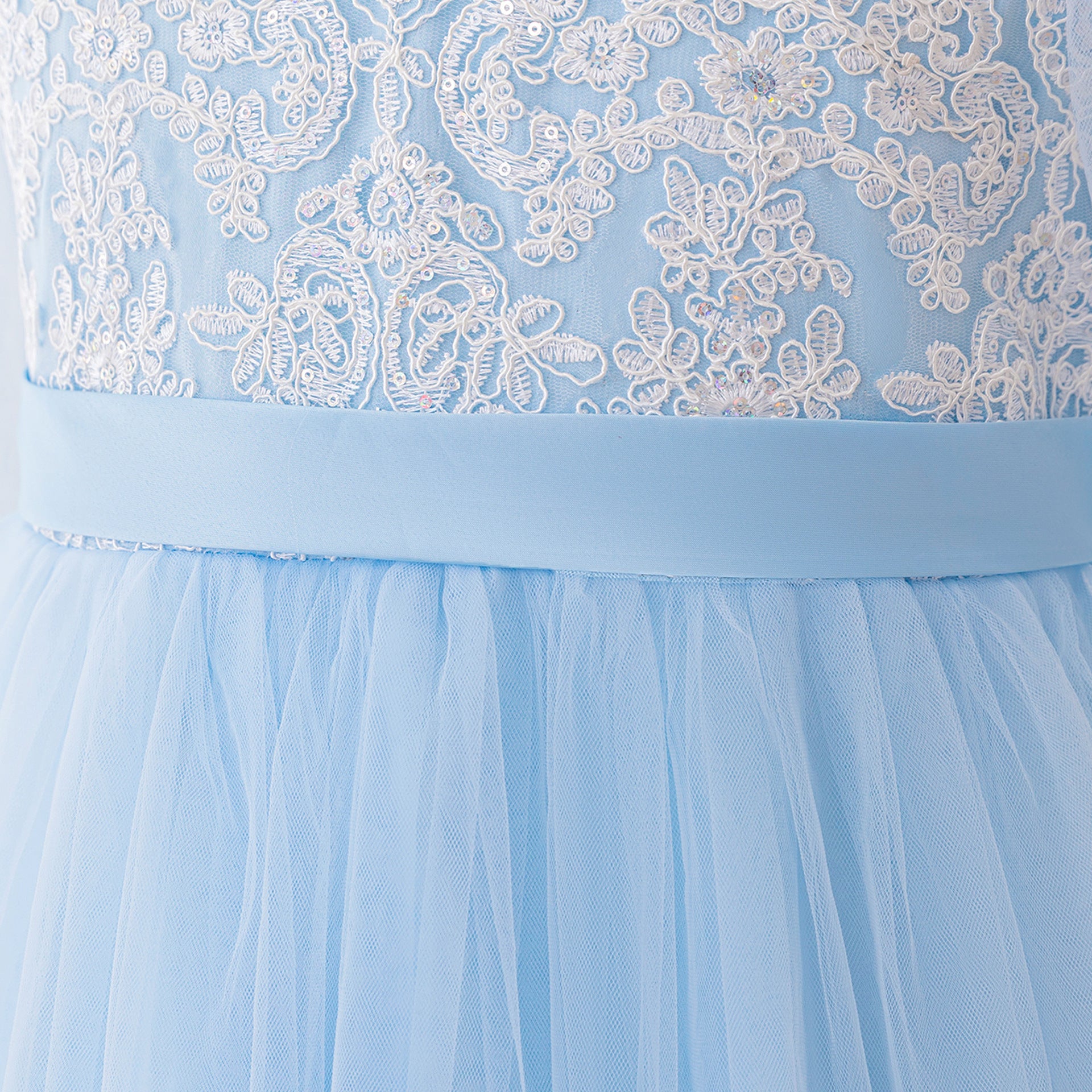 Frocklet Light Blue Lace Princess Flower Girl Maxi Dress | Girls’ Long Sleeve Tulle Gown 7