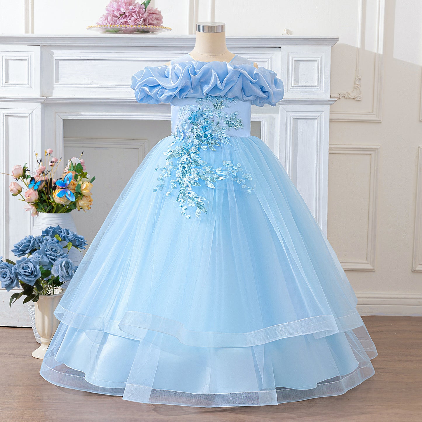 Light Blue Off-Shoulder Tulle Princess Dress for Girls | A-Line Maxi Gown Ages 4-13