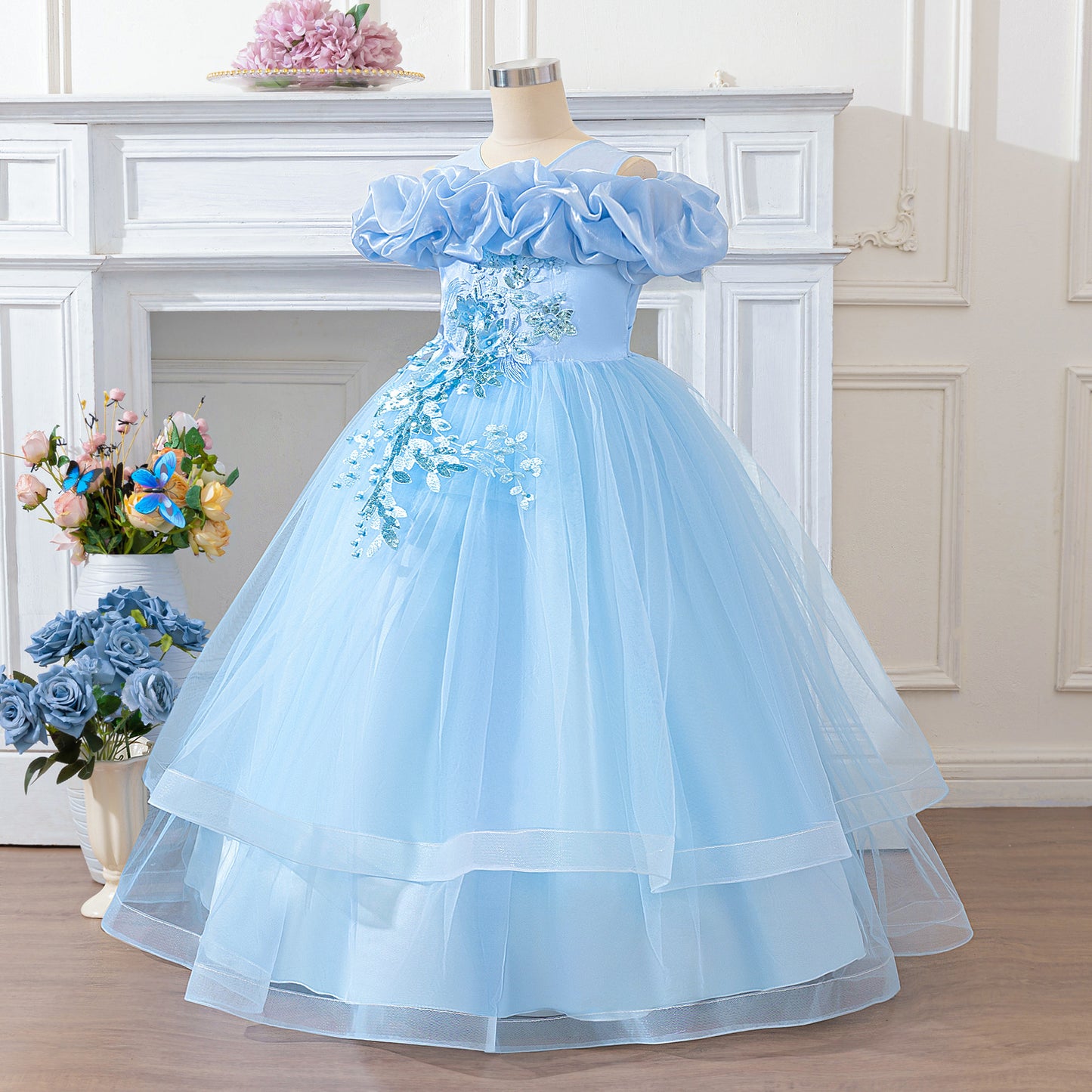 Light Blue Off-Shoulder Tulle Princess Dress for Girls | A-Line Maxi Gown Ages 4-13