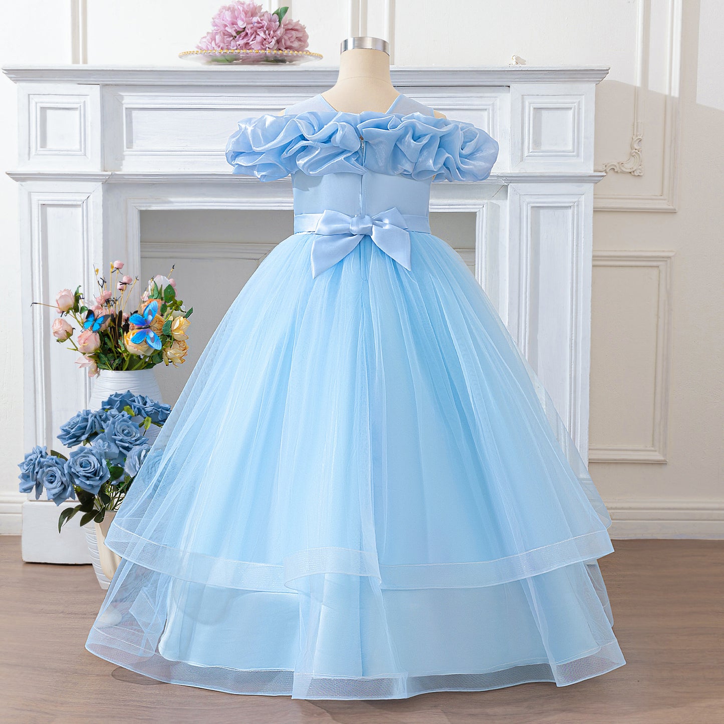 Light Blue Off-Shoulder Tulle Princess Dress for Girls | A-Line Maxi Gown Ages 4-13