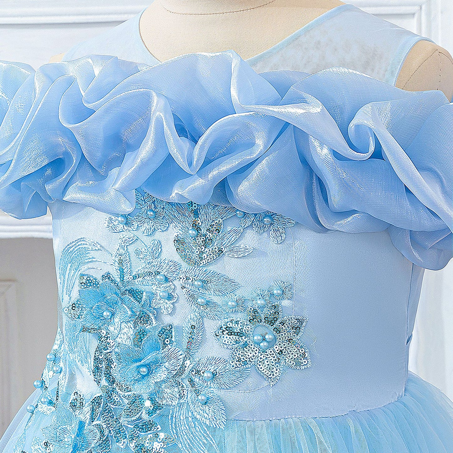 Light Blue Off-Shoulder Tulle Princess Dress for Girls | A-Line Maxi Gown Ages 4-13