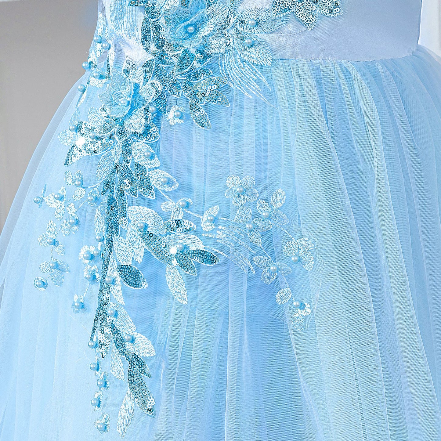 Light Blue Off-Shoulder Tulle Princess Dress for Girls | A-Line Maxi Gown Ages 4-13