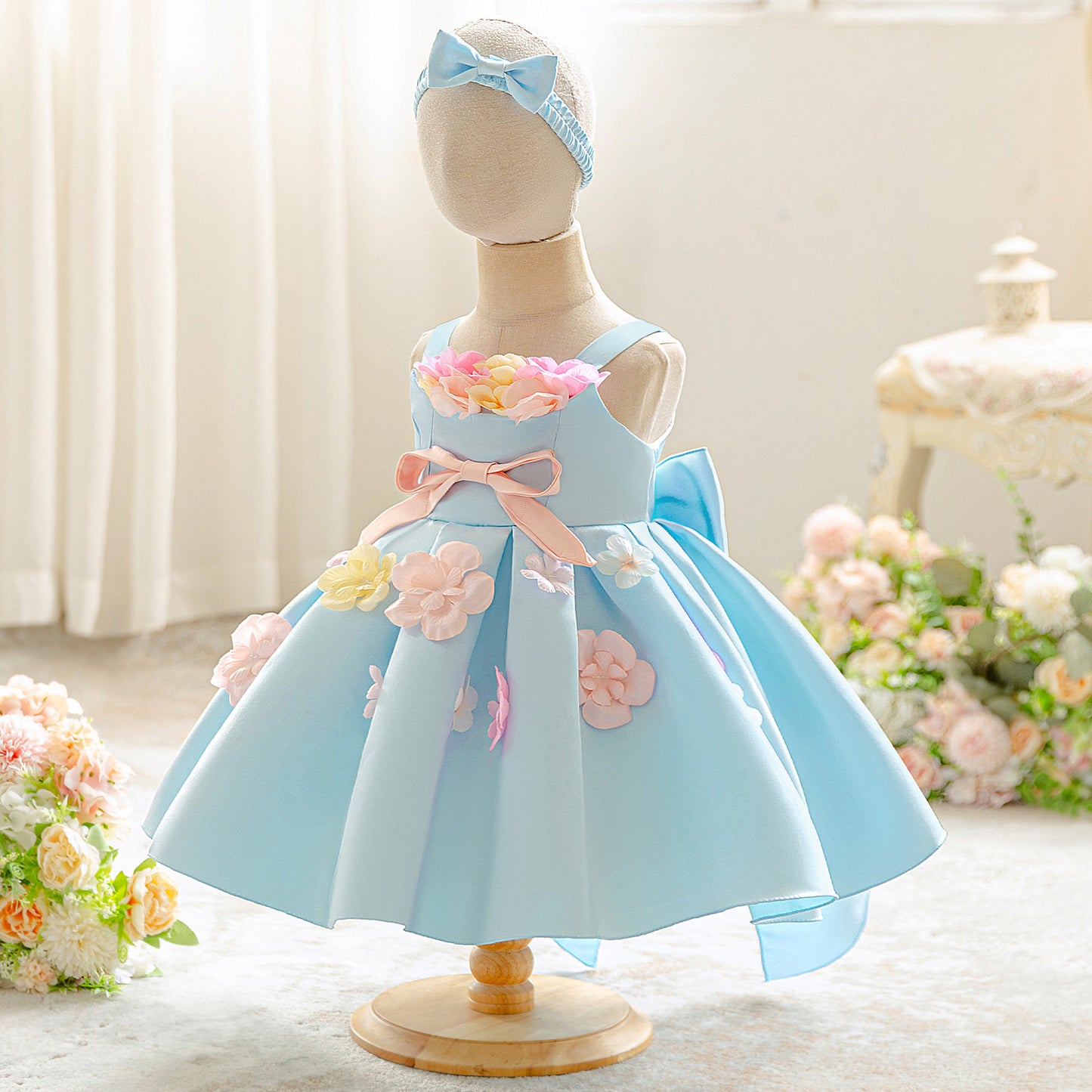 Light Blue Puffy Satin Baby Dress with Bowknot & 3D Flowers | Off-Shoulder Princess Gown for Girls