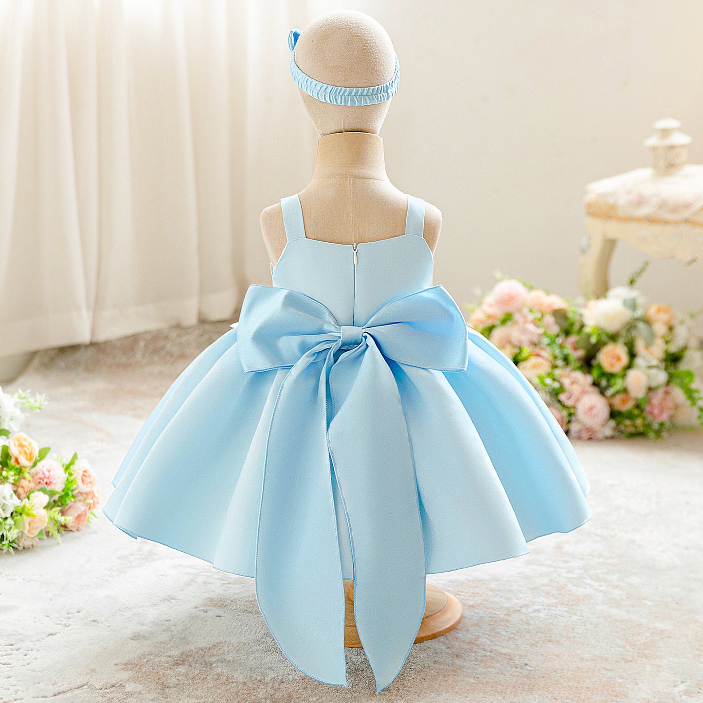 Light Blue Puffy Satin Baby Dress with Bowknot & 3D Flowers | Off-Shoulder Princess Gown for Girls