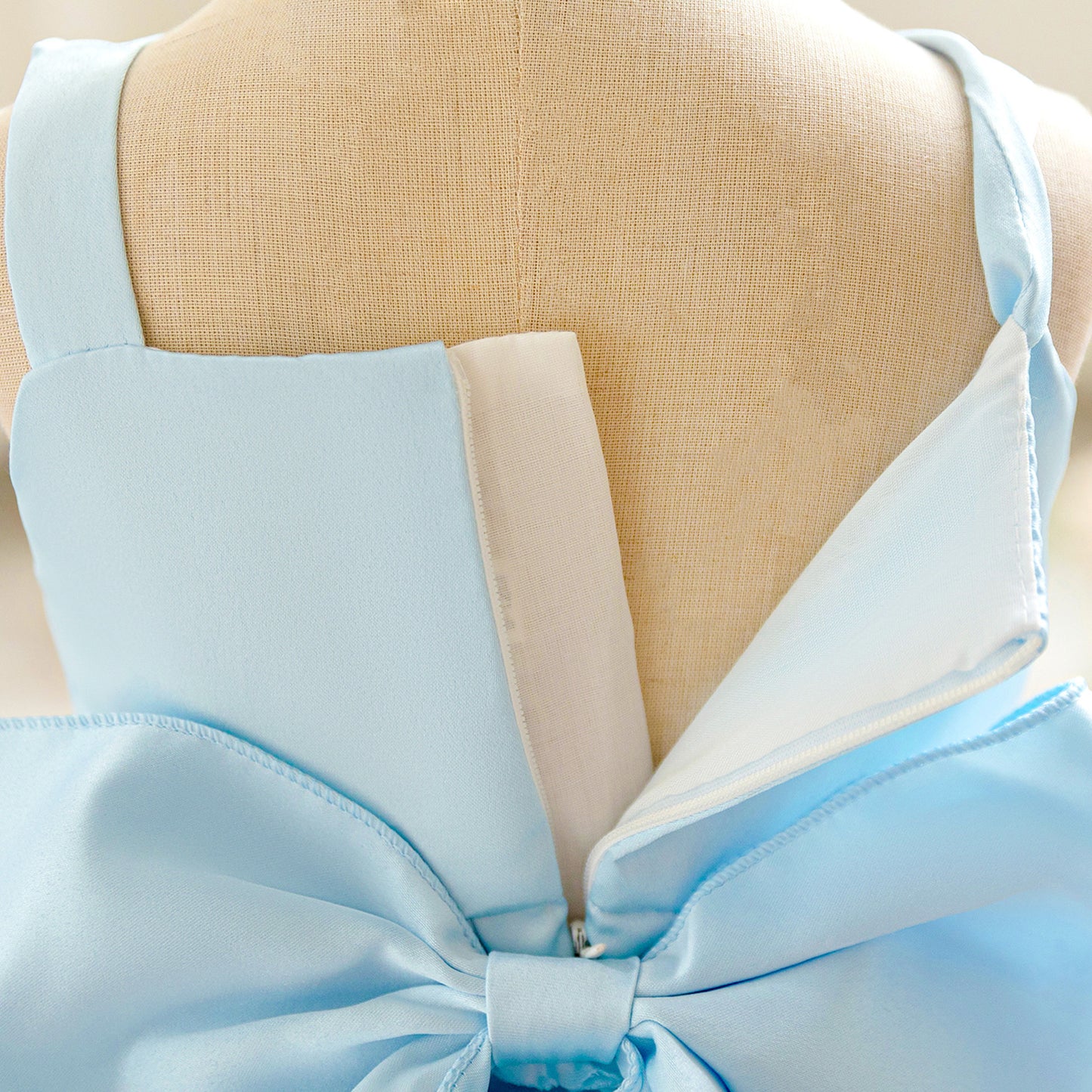 Light Blue Puffy Satin Baby Dress with Bowknot & 3D Flowers | Off-Shoulder Princess Gown for Girls