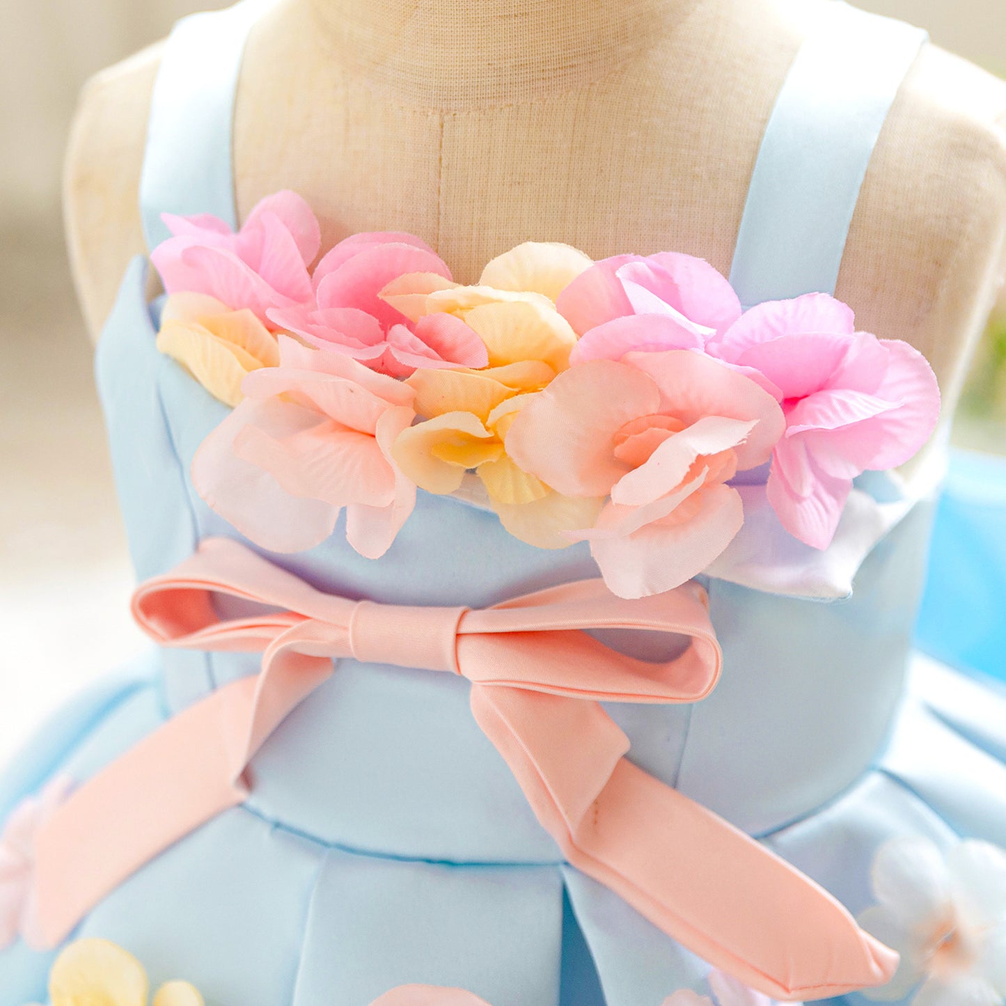 Light Blue Puffy Satin Baby Dress with Bowknot & 3D Flowers | Off-Shoulder Princess Gown for Girls