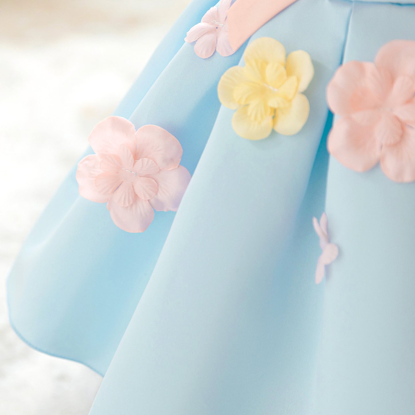 Light Blue Puffy Satin Baby Dress with Bowknot & 3D Flowers | Off-Shoulder Princess Gown for Girls