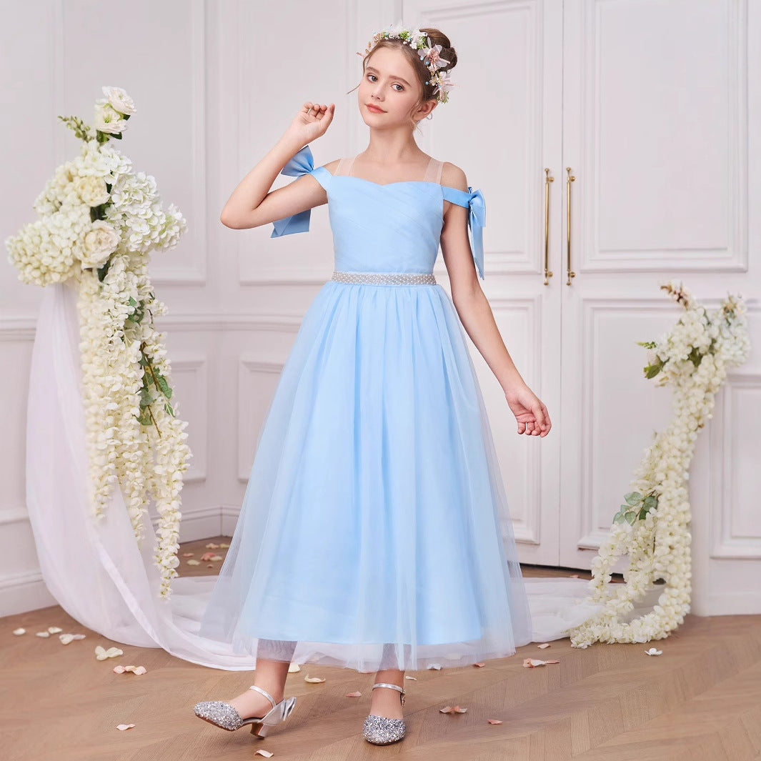 Light Blue Off Shoulder Tulle Maxi Dress for Girls | Princess Party Dress