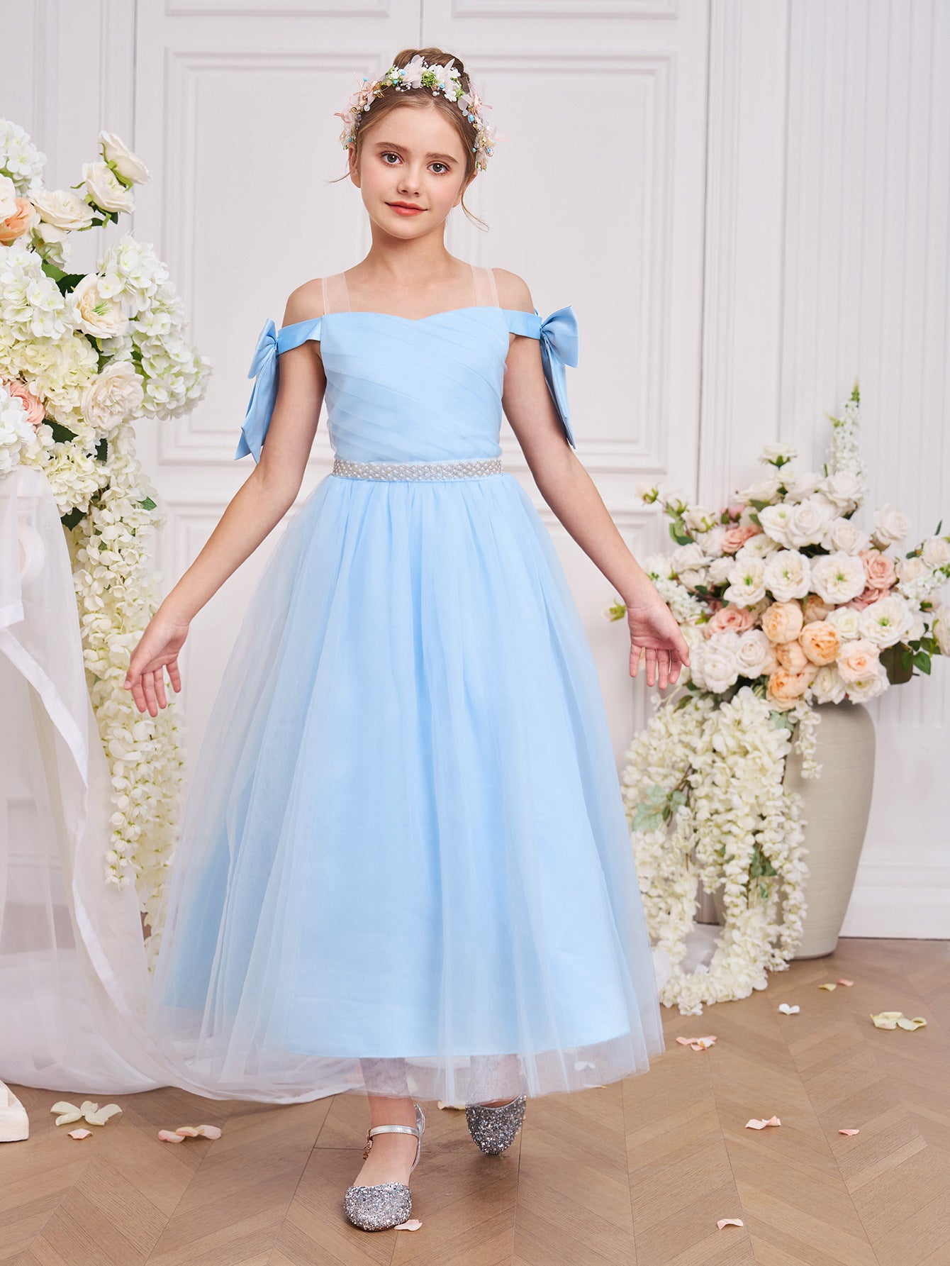 Light Blue Off Shoulder Tulle Maxi Dress for Girls | Princess Party Dress