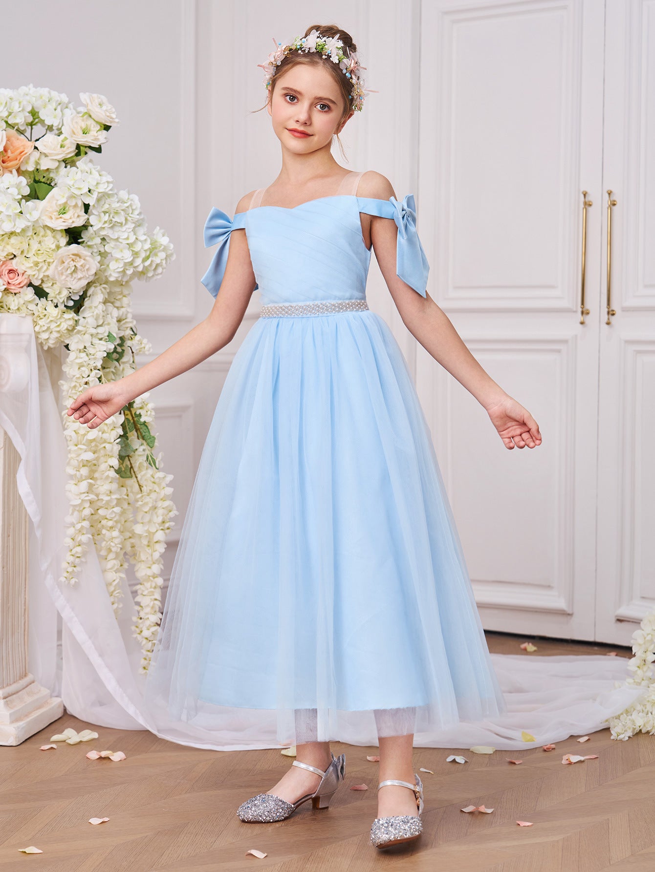 Light Blue Off Shoulder Tulle Maxi Dress for Girls | Princess Party Dress