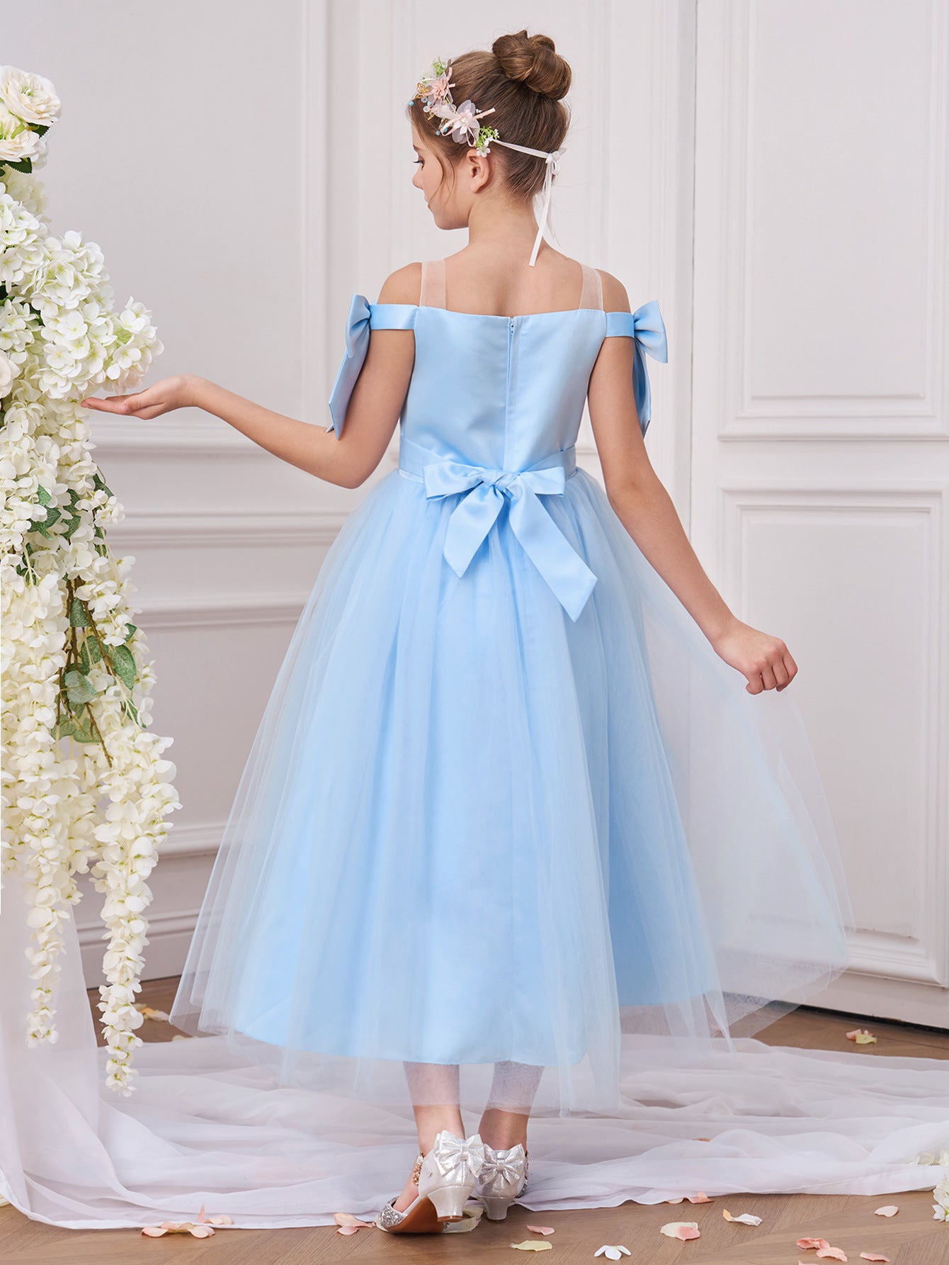 Light Blue Off Shoulder Tulle Maxi Dress for Girls | Princess Party Dress