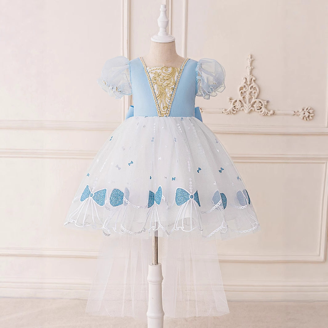 Frocklet Light Blue Puff Sleeve Tulle Flower Girl Dress with Lace & Bow | Party & Wedding 2